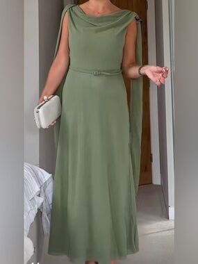 Six Stories Olive Green Maxi Dress with Draped Neck and Belt Loops